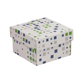 Darčeková krabička s vekom 150x150x100/40 mm, VZOR - KOCKY zelená/modrá