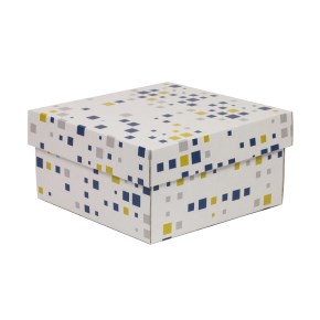 Darčeková krabička s vekom 200x200x100/40 mm, VZOR - KOCKY modrá/žltá