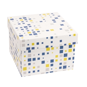 Darčeková krabička s vekom 200x200x150/40 mm, VZOR - KOCKY modrá/žltá