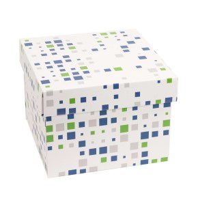 Darčeková krabička s vekom 200x200x150/40 mm, VZOR - KOCKY zelená/modrá