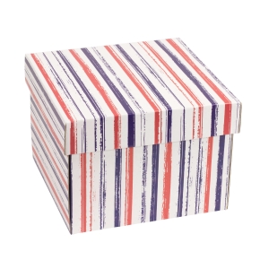Darčeková krabička s vekom 200x200x150/40 mm, VZOR - PRUHY fialová/koralová