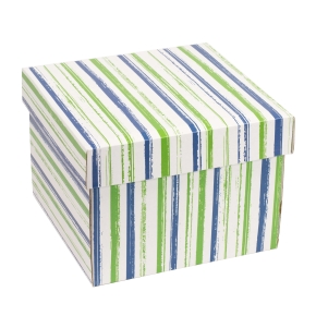 Darčeková krabička s vekom 200x200x150/40 mm, VZOR - PRUHY zelená/modrá