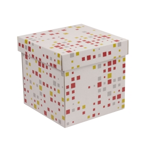 Darčeková krabička s vekom 200x200x200/40 mm, VZOR - KOCKY koralová/žltá