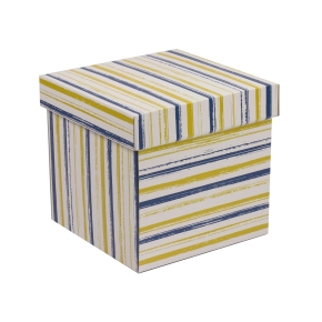 Darčeková krabička s vekom 200x200x200/40 mm, VZOR - PRUHY modrá/žltá