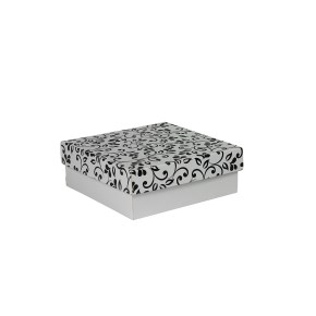 Darčeková krabička s vekom 200x200x70/35 mm, sivá so vzorom na veku, čierné lístky