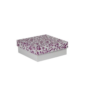 Darčeková krabička s vekom 200x200x70/35 mm, sivá so vzorom na veku, fialové lístky