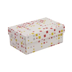 Darčeková krabička s vekom 250x150x100/40 mm, VZOR - KOCKY koralová/žltá