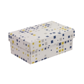 Darčeková krabička s vekom 250x150x100/40 mm, VZOR - KOCKY modrá/žltá
