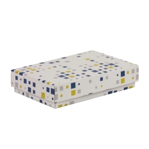 Darčeková krabička s vekom 250x150x50/40 mm, VZOR - KOCKY modrá/žltá