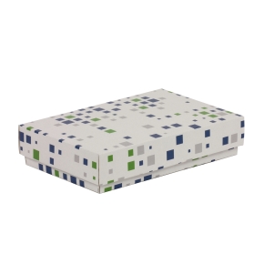 Darčeková krabička s vekom 250x150x50/40 mm, VZOR - KOCKY zelená/modrá