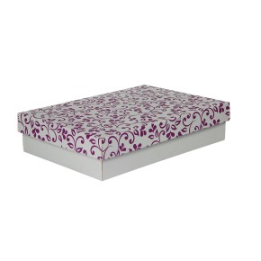 Darčeková krabička s vekom 330x220x70/35 mm, sivá so vzorom na veku, fialové lístky